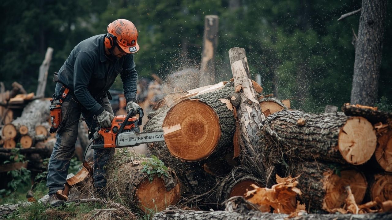 Você Sabe Qual É A Maior Floresta Do Mundo? A imagem mostra um lenhador utilizando uma motosserra para cortar um tronco de árvore. A motosserra em questão é um modelo da marca Husqvarna, possivelmente a 540i XP ou T540i XP, que são motosserras a bateria de nível profissional.