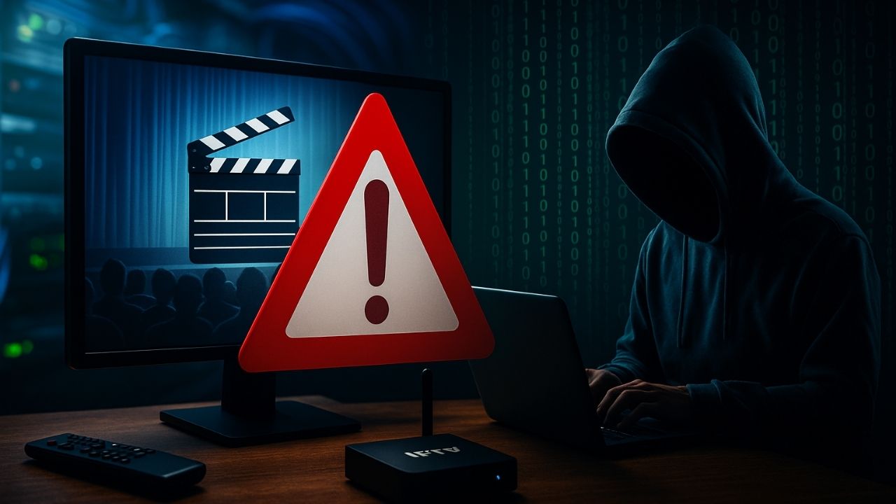 Hacker encapuzado usando notebook ao lado de TV Box ilegal, com alerta vermelho em tela de streaming e código binário ao fundo, representando os riscos da pirataria digital.