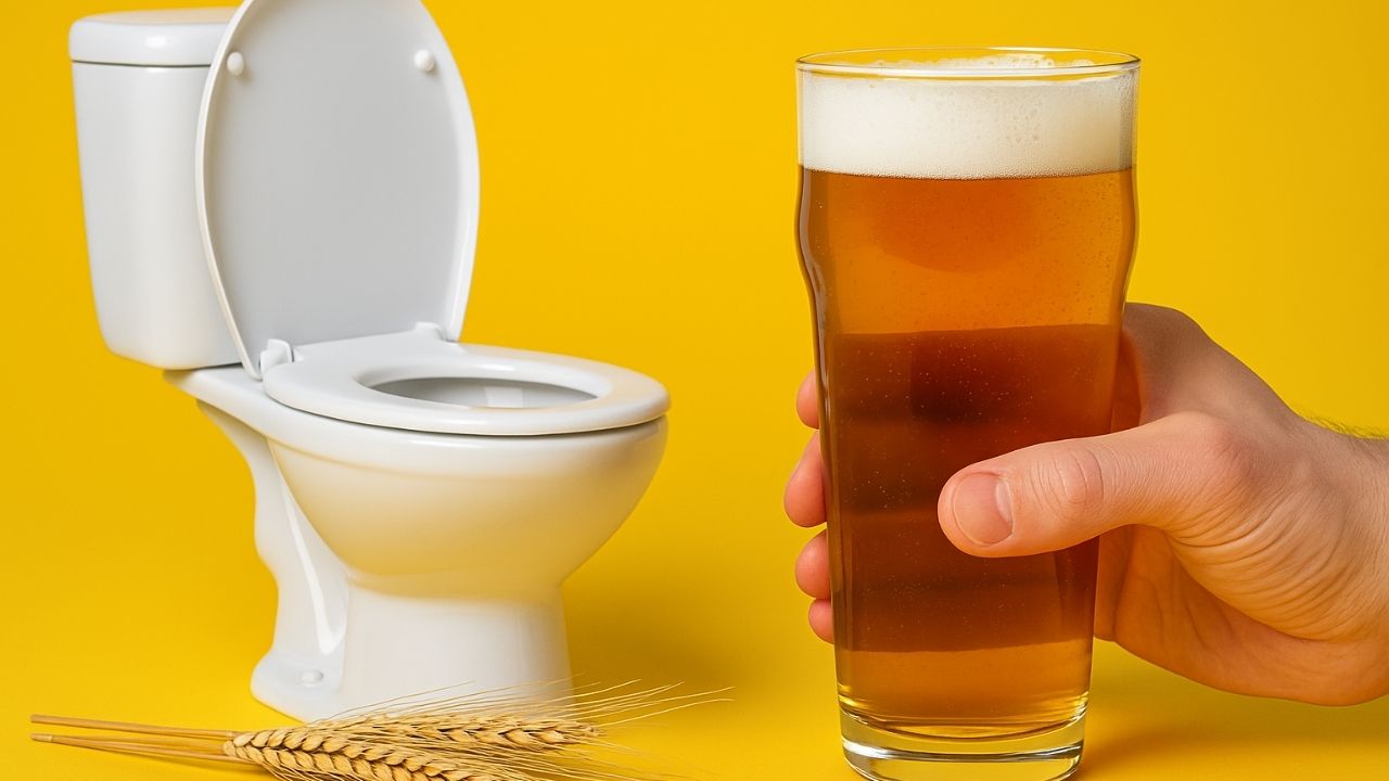 Copo de cerveja dourada em foco com fundo natural e ensolarado, simbolizando sustentabilidade na produção da bebida.