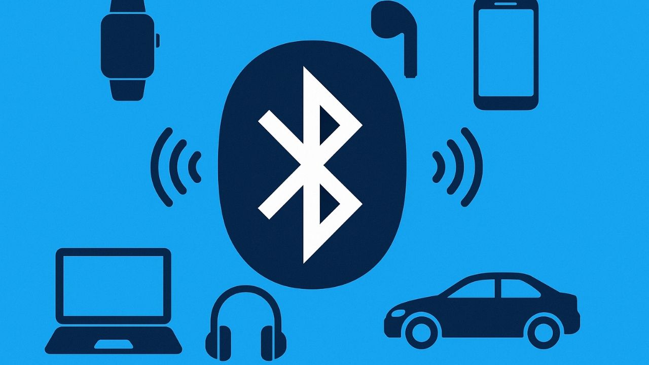 Símbolo do Bluetooth com alguns aparelhos eletrônicos ao seu redor.