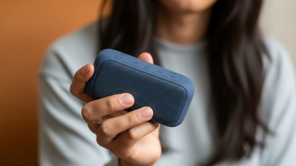 Para que serve o bluetooth 01 Uma mulher segurando uma caixa de som portátil.