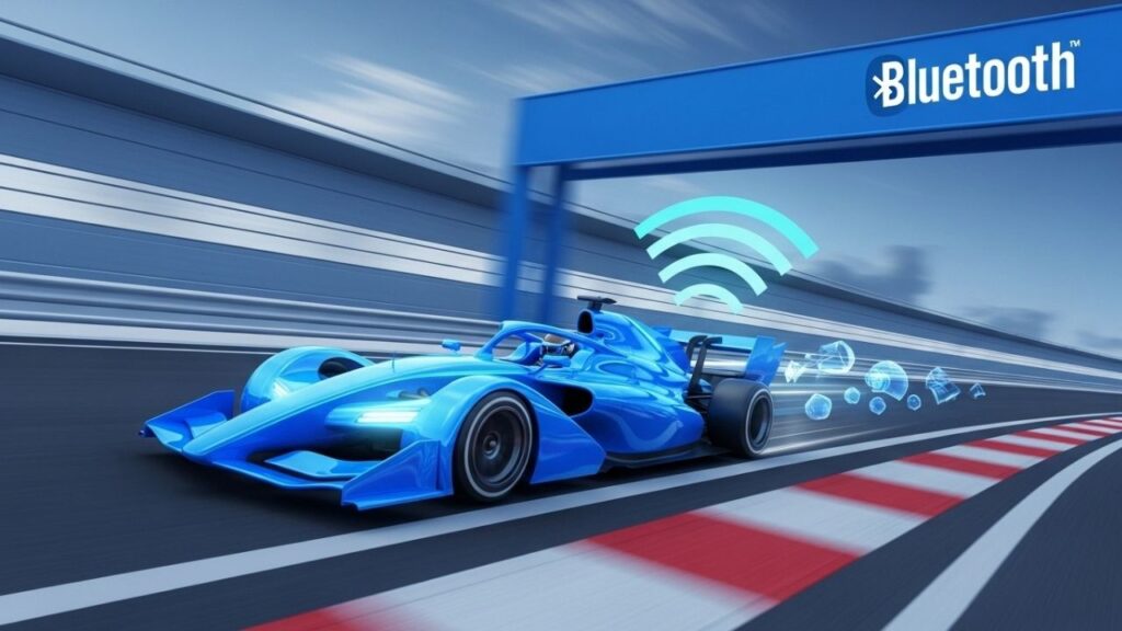 velocidade do Bluetooth Um carro de formula 1 azul em alta velocidade.