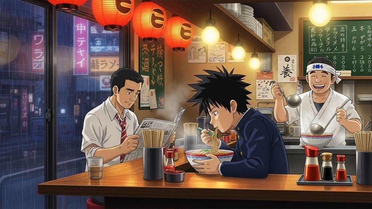 🌏 Por Que O ANIME Está Conquistando O Mundo Com Histórias Incríveis! 6 Pessoas comendo em um restaurante japonês.