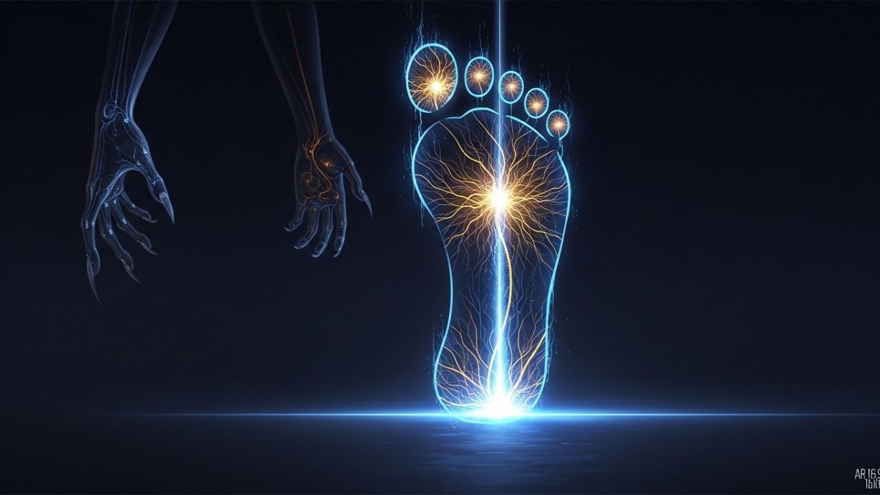 Ilustração do resultado da polilaminina, mostrando uma pegada humana formada por luz e redes neurais, simbolizando a recuperação do movimento.