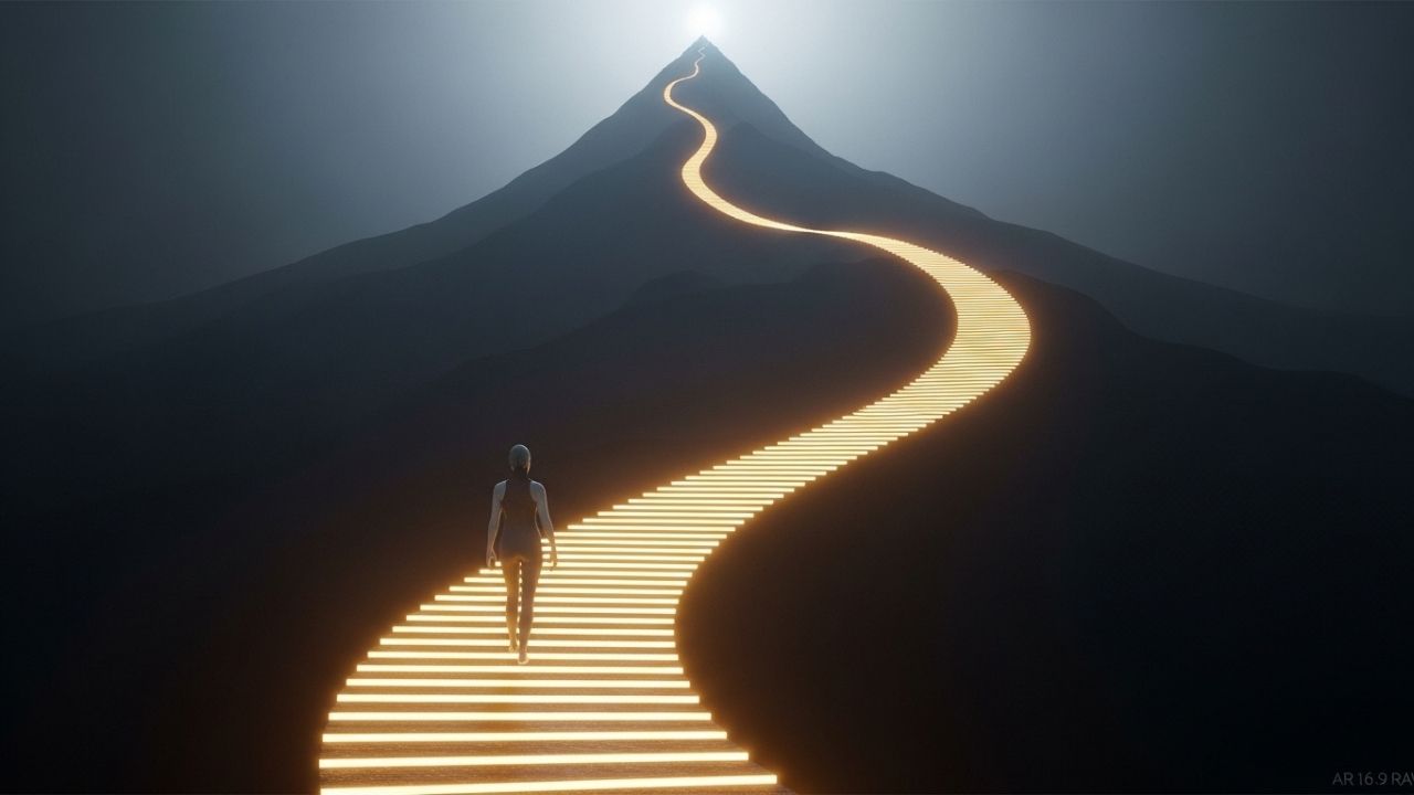 Representação do longo caminho da pesquisa da polilaminina, com uma escada de luz subindo uma montanha em direção a um futuro distante.