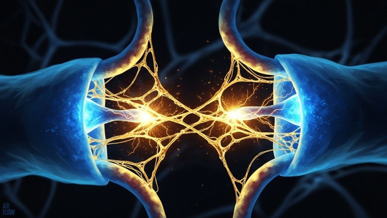 Arte conceitual do mecanismo de ação da polilaminina, com fibras de proteína douradas criando uma ponte para reconectar neurônios azuis.