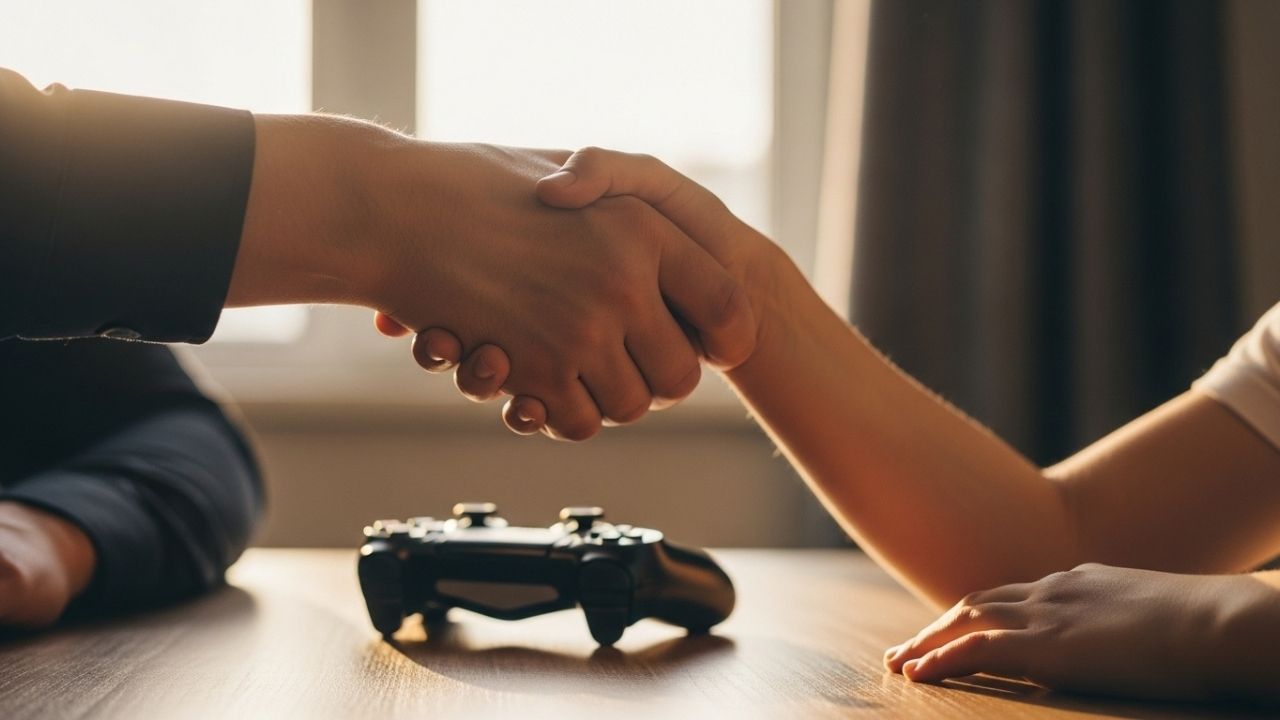 📰 Adeus, PS Family: O Novo CONTROLE PARENTAL Do PS5 Chegou! Mão de um adulto e de uma criança em um aperto de mãos firme, simbolizando acordo, com um controle de videogame ao fundo.