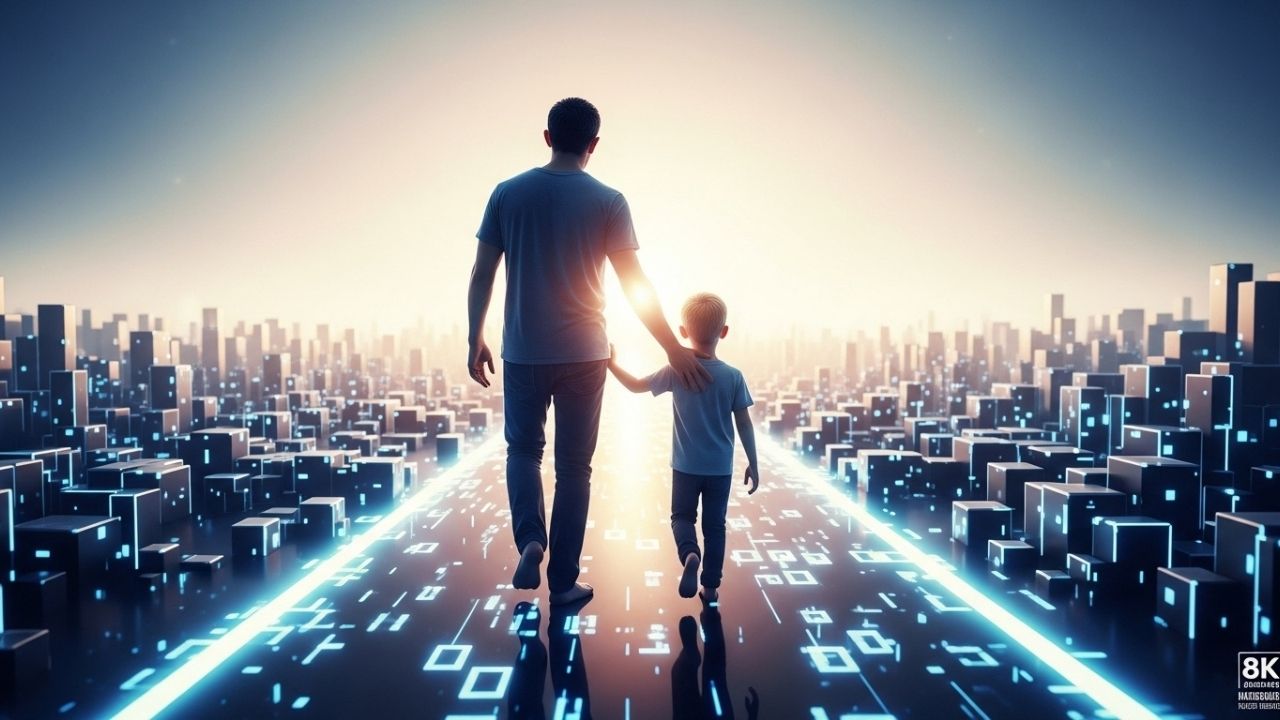 📰 Adeus, PS Family: O Novo CONTROLE PARENTAL Do PS5 Chegou! Pai e filho vistos de costas, caminhando juntos por um caminho digital em direção a um horizonte brilhante.