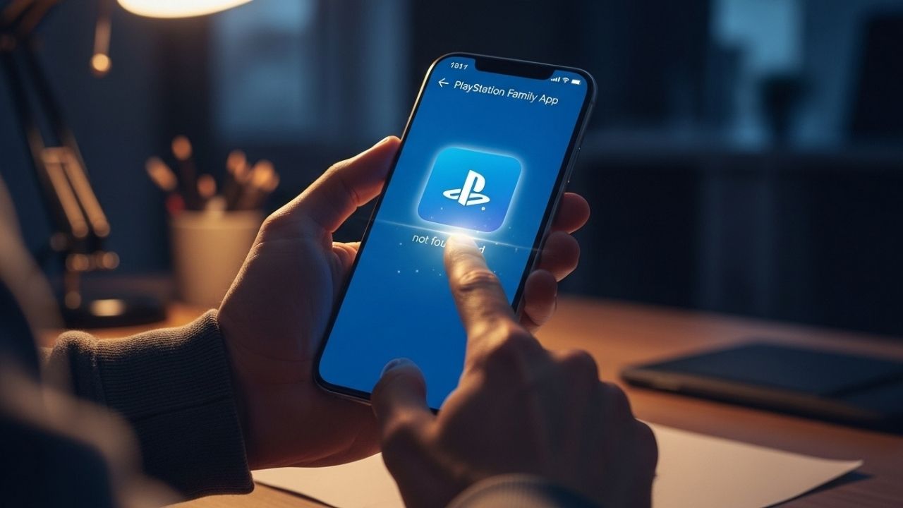 📰 Adeus, PS Family: O Novo CONTROLE PARENTAL Do PS5 Chegou! Mãos de pai segurando celular que mostra a busca falha pelo app "PlayStation Family" e aponta para o novo PlayStation App