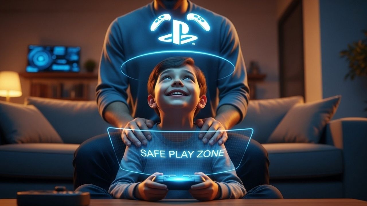 Criança jogando videogame sob proteção de escudo holográfico do PlayStation App, com mão de pai no ombro.