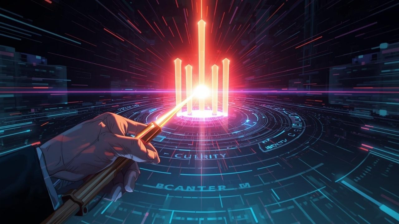 Close-up estilo Manhwa da mão do protagonista segurando um cetro de luz que dispara um feixe focado, representando a precisão do comando (prompt) de IA.