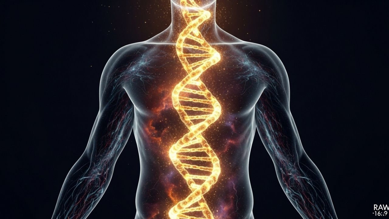 Ilustração conceitual da proteína polilaminina, mostrando uma hélice de DNA dourada emergindo de uma representação artística da placenta humana.