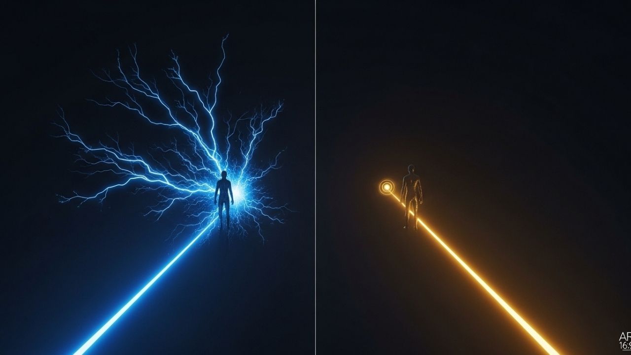 Metáfora visual comparando células-tronco (caminhos caóticos de luz azul) e polilaminina (um caminho único e guiado de luz dourada).