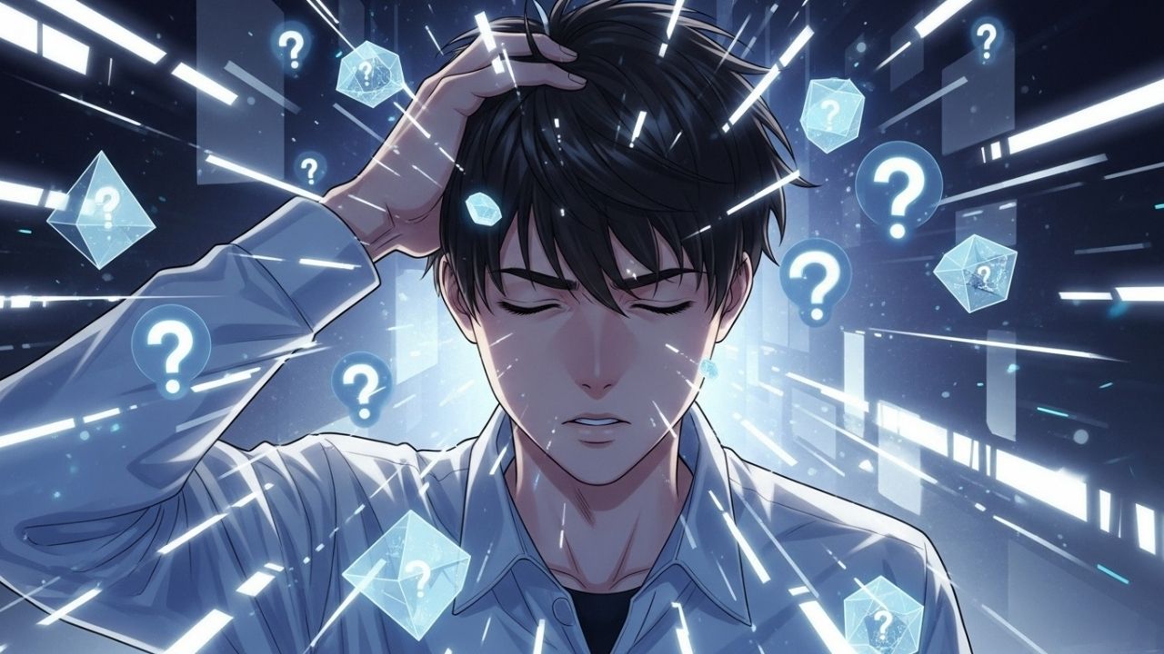 Ilustração estilo Manhwa do protagonista concentrado, forçando a mente com fluxos de dados e interrogações flutuantes, representando a recuperação ativa do conhecimento.