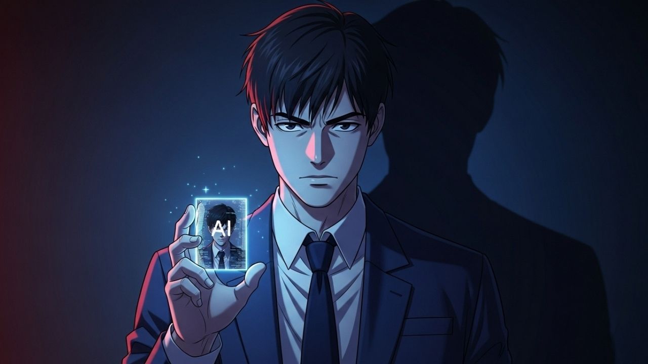 Imagem estilo Manhwa do protagonista em uma sala escura, segurando um cristal de dados que projeta uma reflexão distorcida, representando a cautela e a crítica aos riscos da IA.