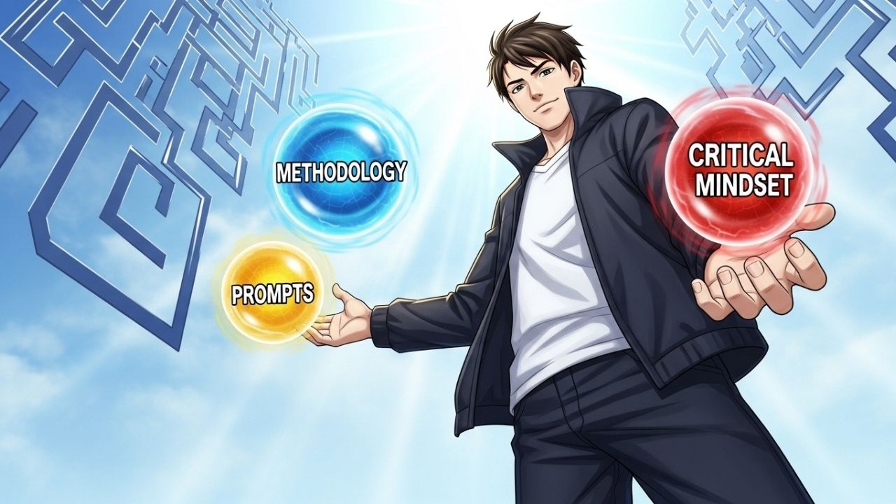 Ilustração estilo Manhwa do protagonista fazendo um chamado, cercado por três orbes de energia (Metodologia, Prompts e Mentalidade), simbolizando a união de habilidades para o aprendizado.