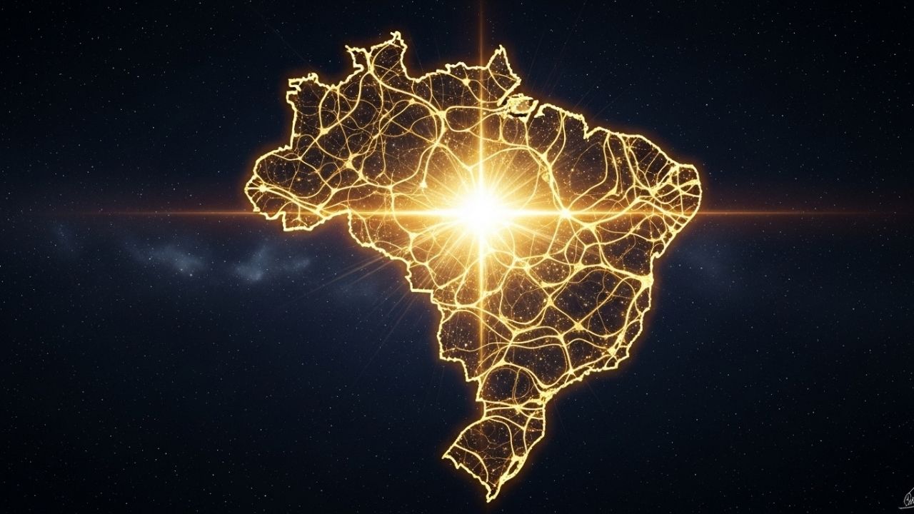 Ilustração do legado da polilaminina, mostrando o mapa do Brasil formado por uma rede neural dourada, simbolizando a descoberta científica nacional.