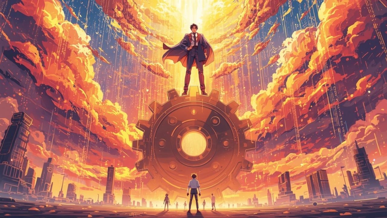 Ilustração estilo Manhwa do protagonista em cima de uma engrenagem dourada gigante no céu, observando o mundo abaixo, simbolizando a vantagem estratégica e a ascensão na carreira por domínio da IA.