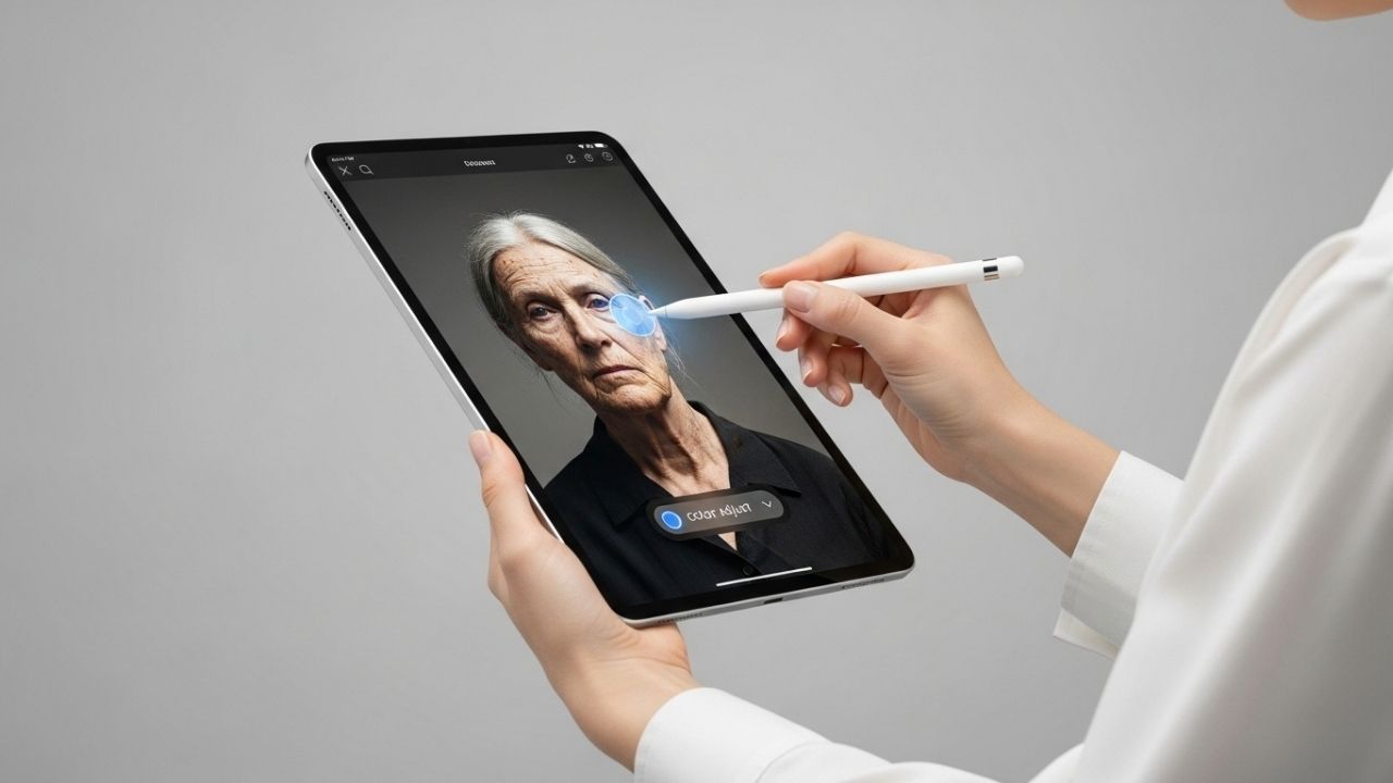 Mão segurando um tablet de vidro transparente e ajustando um retrato envelhecido com uma caneta stylus.