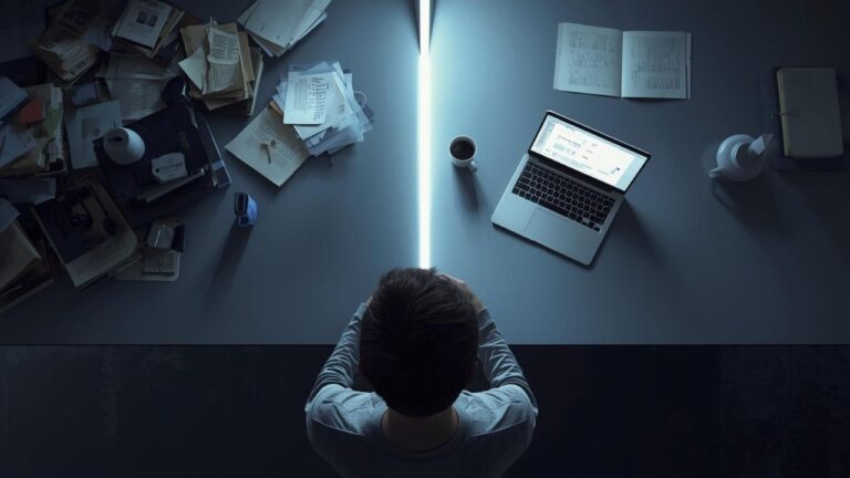 Foto realista de um estudante em uma mesa dividida entre a bagunça de livros e a organização de um laptop, simbolizando o aumento de produtividade com IA.