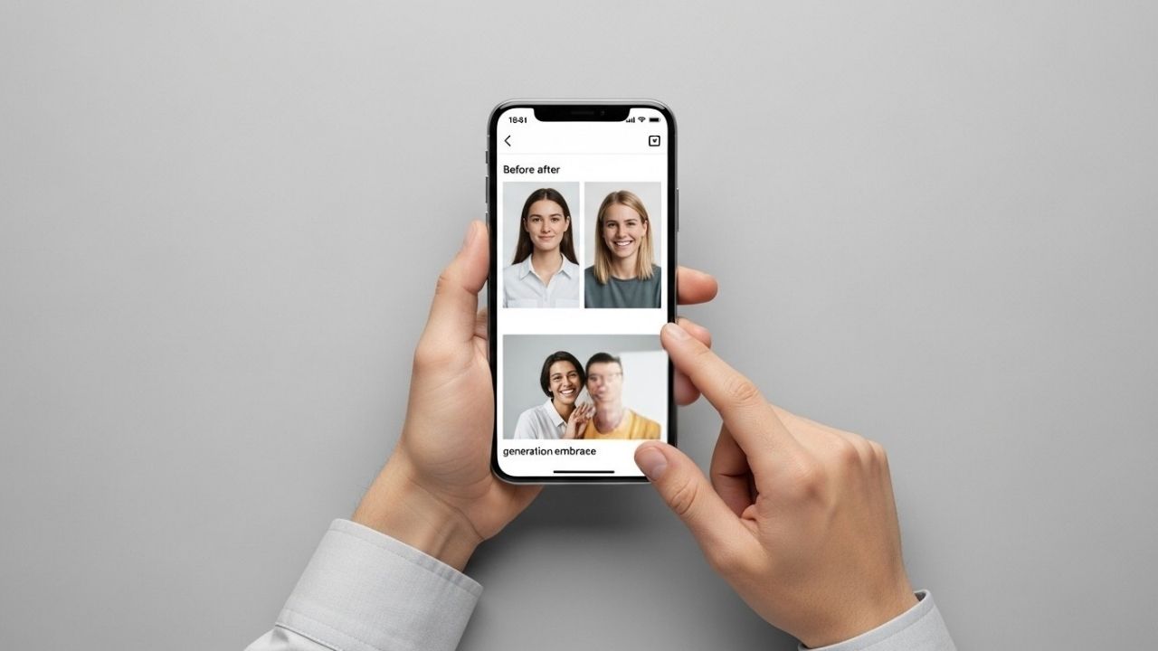  Mãos segurando um smartphone que exibe os retratos envelhecidos criados, com um dedo prestes a tocar o ícone de compartilhar.