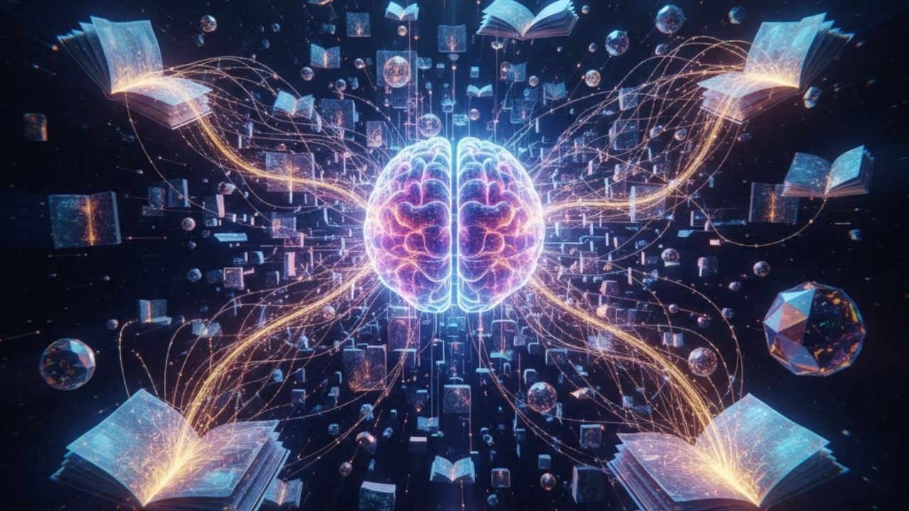 🎓 Do Básico Ao PROMPT Avançado De IA Em 8 Passos: O Guia Definitivo! Arte conceitual de mãos de um maestro controlando feixes de luz de uma IA, simbolizando o domínio do usuário sobre a ferramenta.