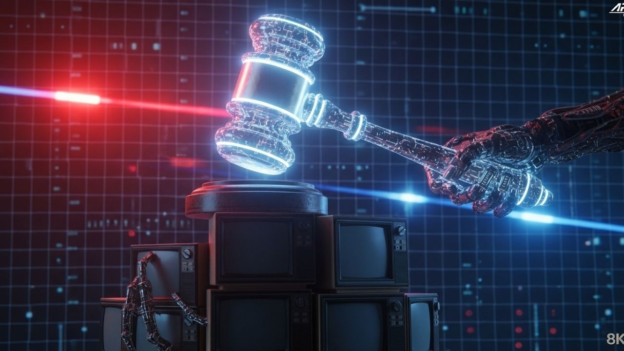 Martelo de juiz digital prestes a atingir uma pilha de TV Boxes piratas, simbolizando as consequências legais e a fiscalização contra a pirataria.