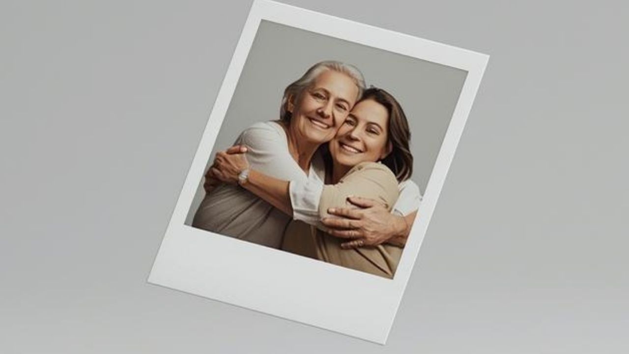 Uma foto instantânea no estilo Polaroid flutuando, mostrando uma versão mais velha e uma mais nova da mesma pessoa se abraçando.