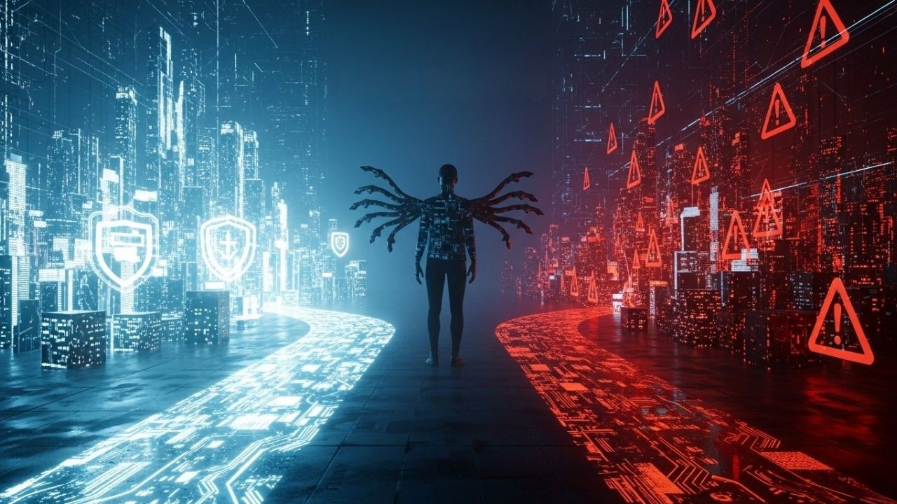Pessoa em uma encruzilhada digital, escolhendo entre o caminho seguro dos serviços legais e o caminho perigoso e arriscado da pirataria de TV Box.