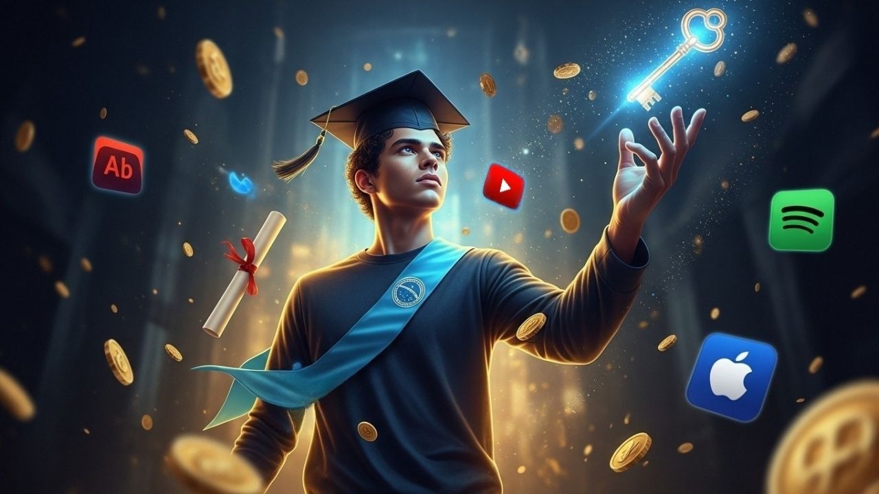 Ilustração de um estudante universitário de beca tocando uma chave dourada flutuante, cercado por ícones de marcas e moedas brilhantes.