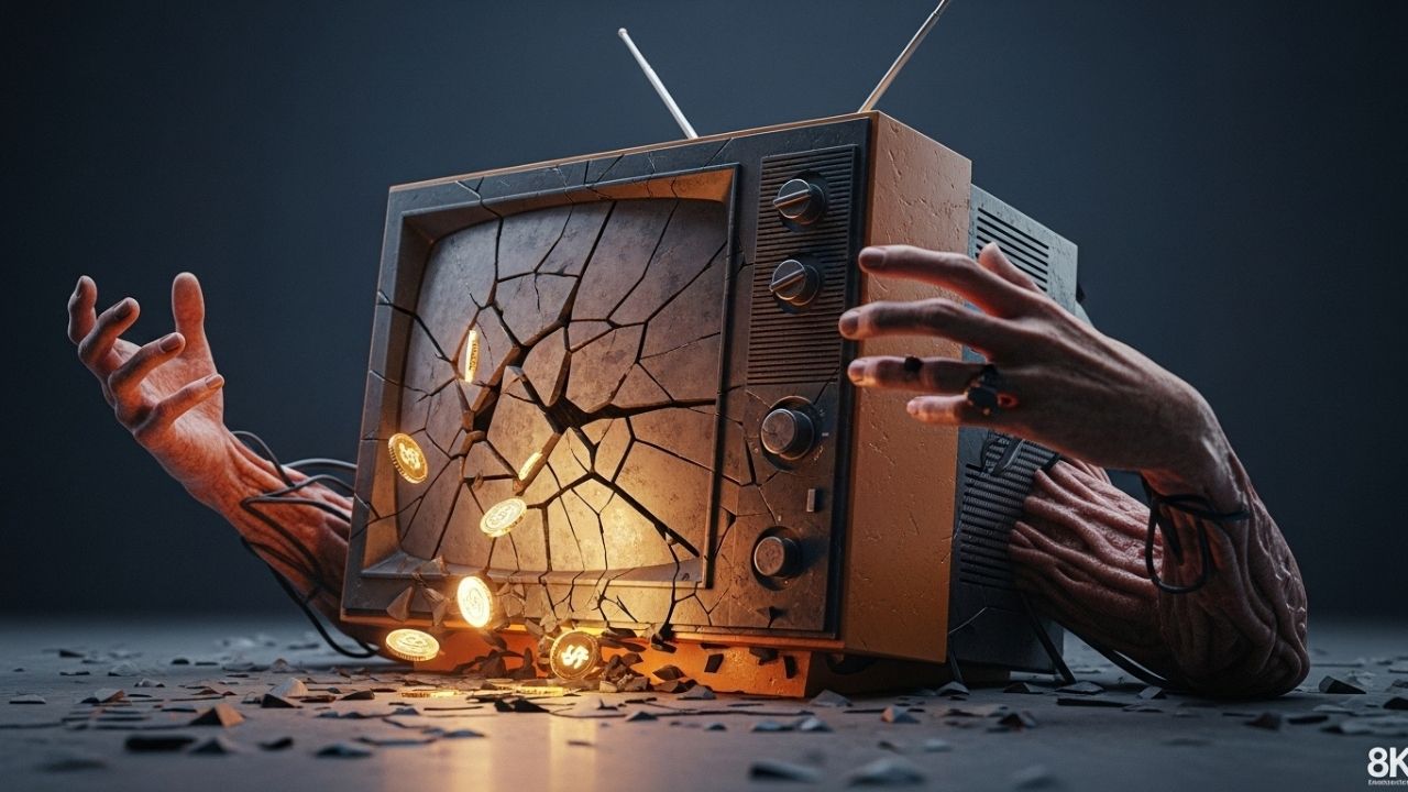 Ilustração de uma TV Box se transformando em um peso de papel de pedra, simbolizando a falsa economia, o prejuízo e o aparelho se tornando inútil.