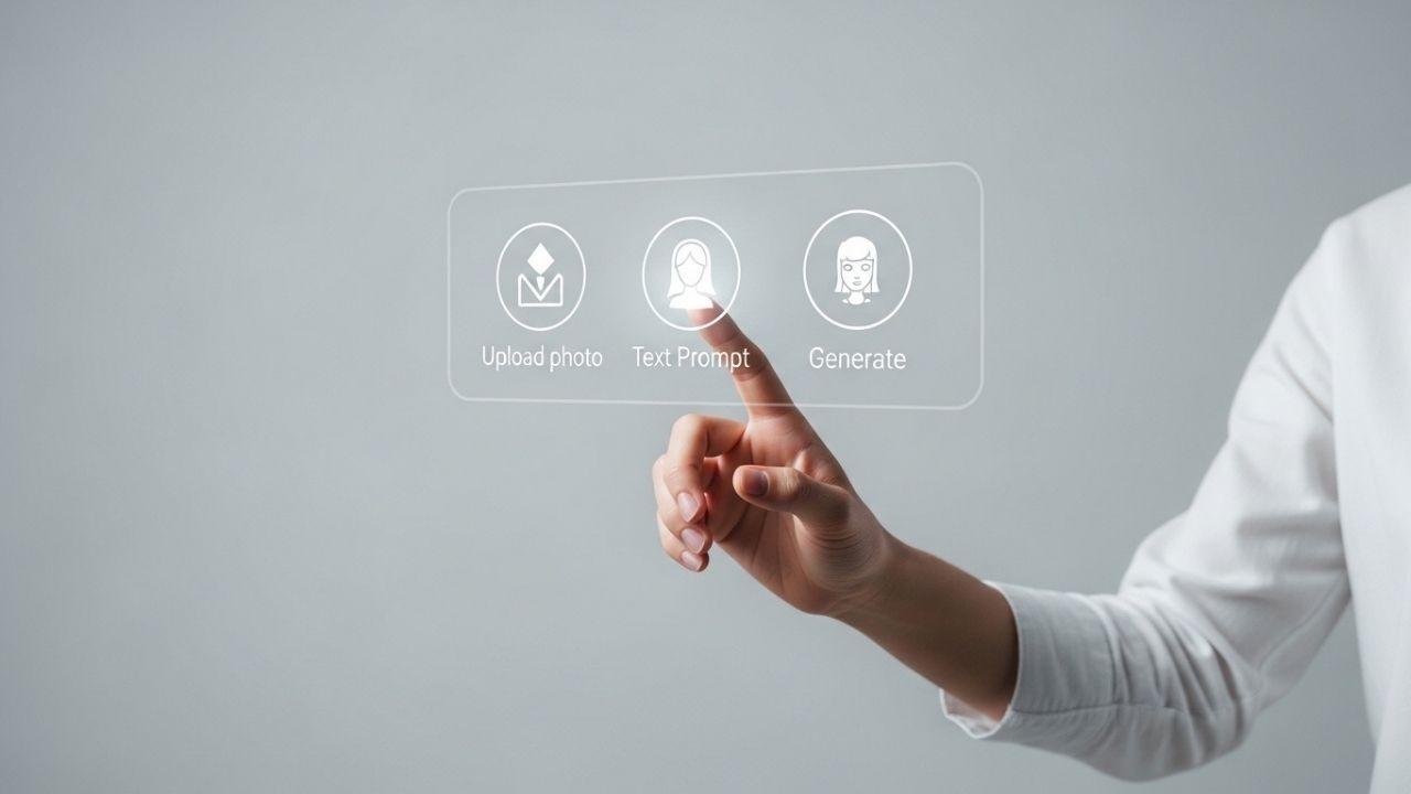 Mão de uma pessoa interagindo com uma interface holográfica minimalista mostrando os passos para criar uma imagem.