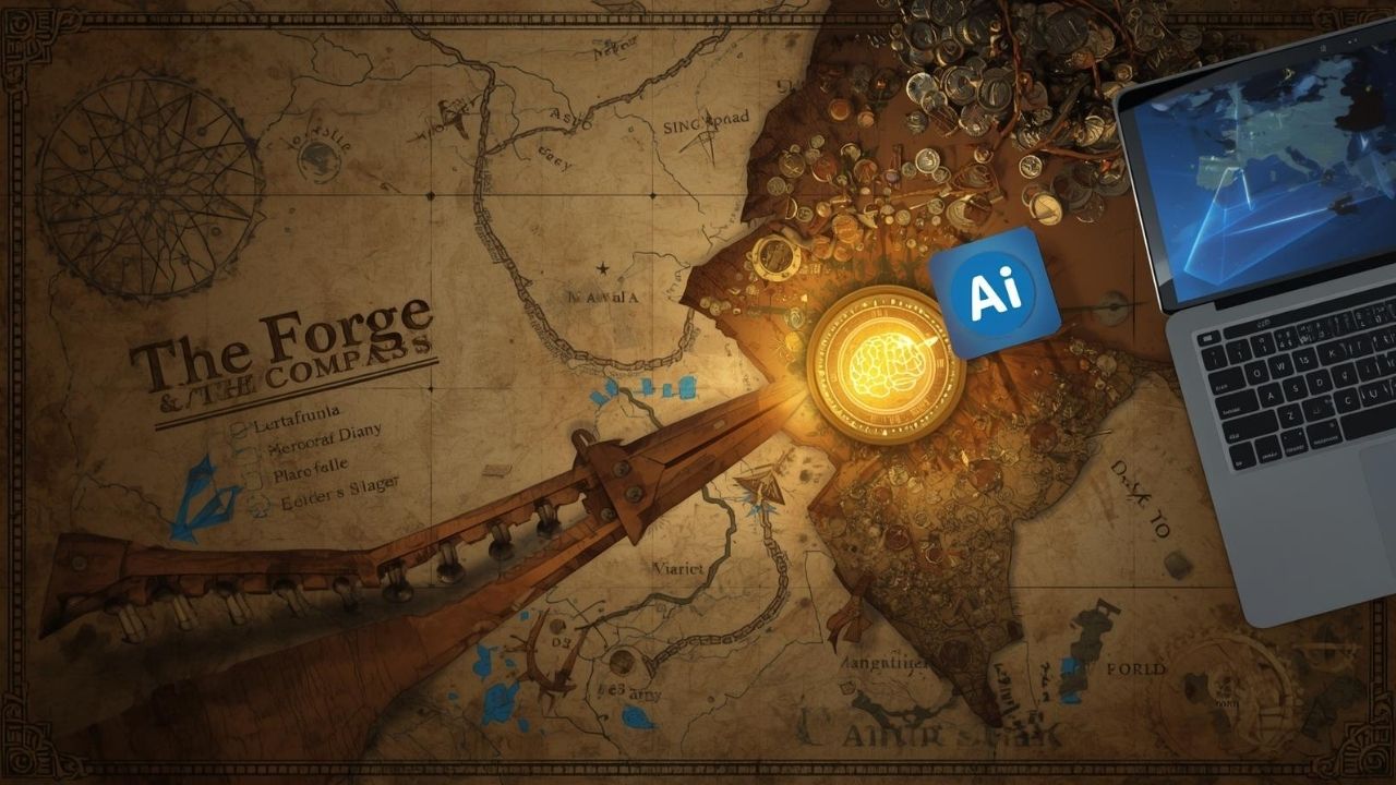 🎓 Os 15 Melhores DESCONTOS Para Universitários Revelados! Foto realista do mapa do tesouro mostrando a ponta de um notebook, um ícone de cérebro brilhante e uma bússola com o logo do LinkedIn.