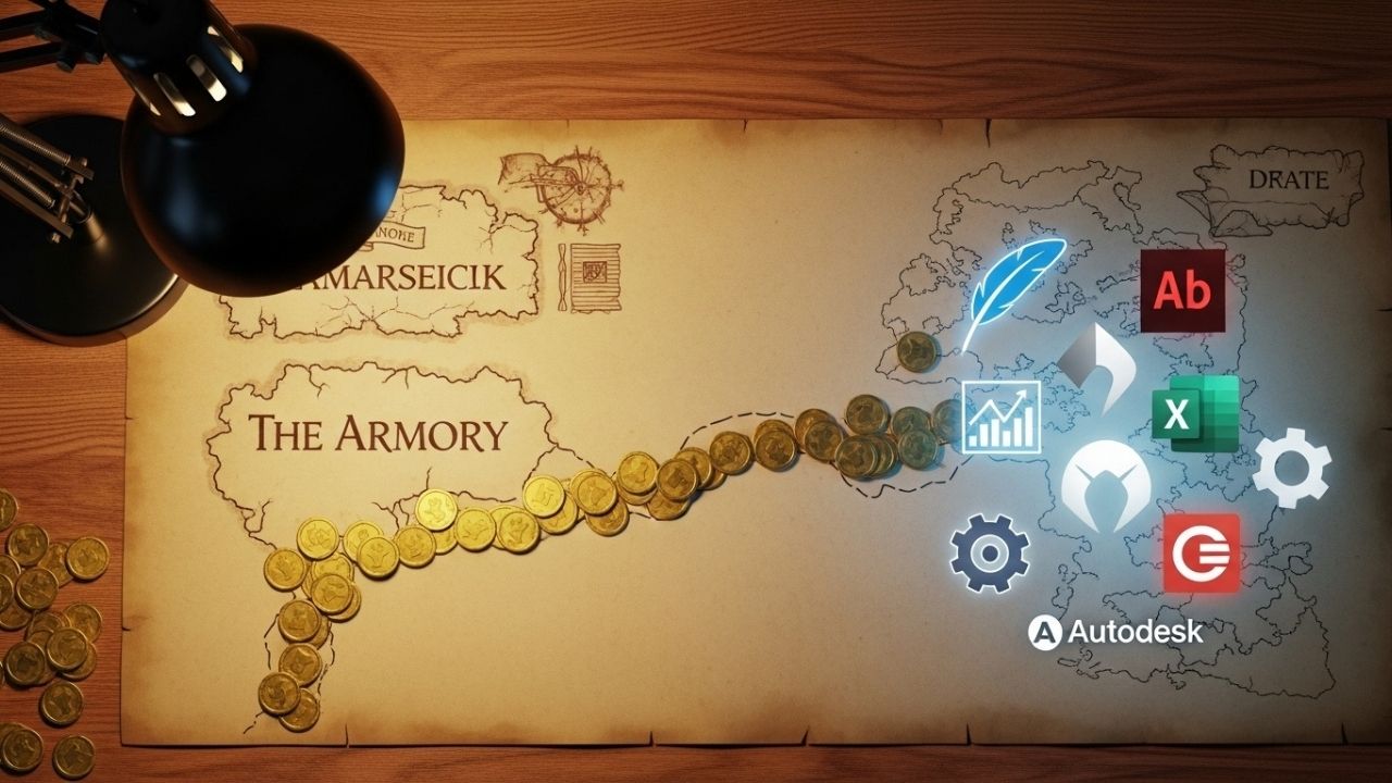 🎓 Os 15 Melhores DESCONTOS Para Universitários Revelados! Foto realista de uma seção do mapa do tesouro com ícones brilhantes de ferramentas de software profissional para estudantes.