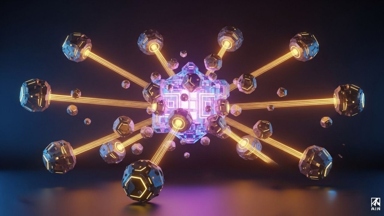 🎓 Do Básico Ao PROMPT Avançado De IA Em 8 Passos: O Guia Definitivo! Arte conceitual dos 8 passos de um prompt, representados como monólitos de luz construindo um núcleo de IA.