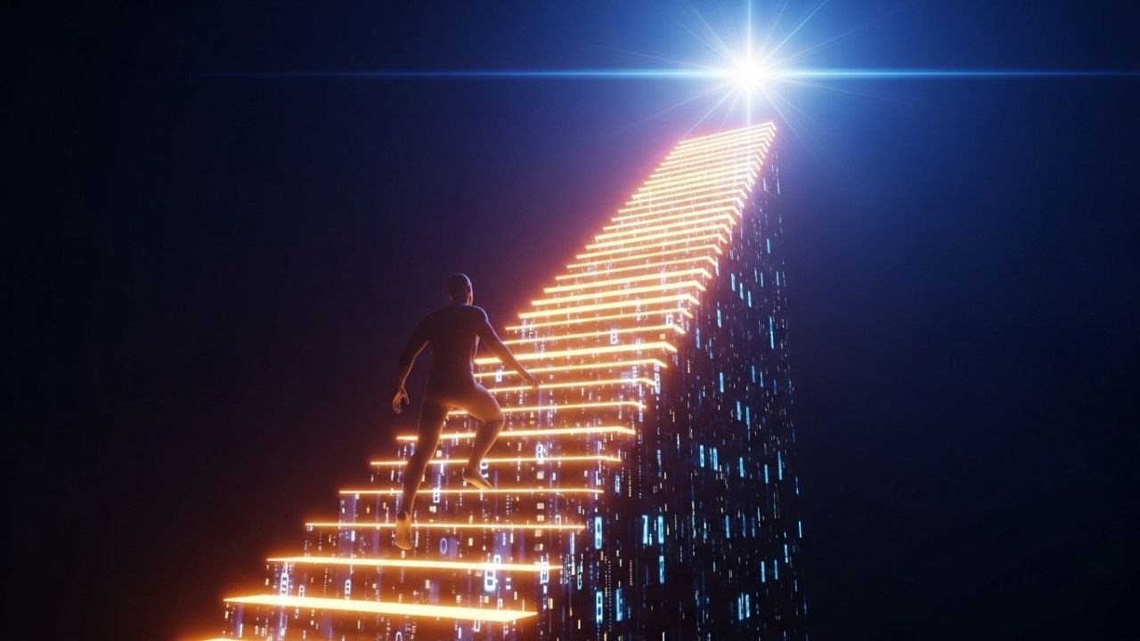 🎓 Do Básico Ao PROMPT Avançado De IA Em 8 Passos: O Guia Definitivo! Arte conceitual de uma silhueta subindo uma escada de dados brilhantes, simbolizando o crescimento profissional com a engenharia de prompts.