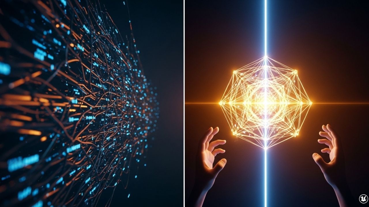 🎓 Do Básico Ao PROMPT Avançado De IA Em 8 Passos: O Guia Definitivo! Arte conceitual mostrando a diferença entre um comando vago (dados confusos) e um comando preciso (feixe de luz nítido) para a IA.