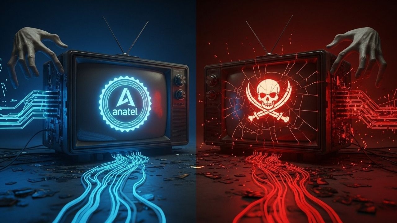 Ilustração conceitual mostrando a diferença entre uma TV Box legal com selo da Anatel e uma pirata com símbolo de caveira, representando a legalidade versus o crime.