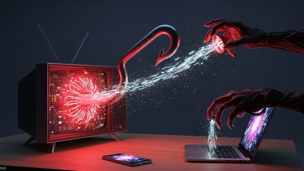 TV Box pirata com um gancho digital vermelho roubando dados de um celular e notebook na mesma rede Wi-Fi, ilustrando o risco de malware e espionagem.
