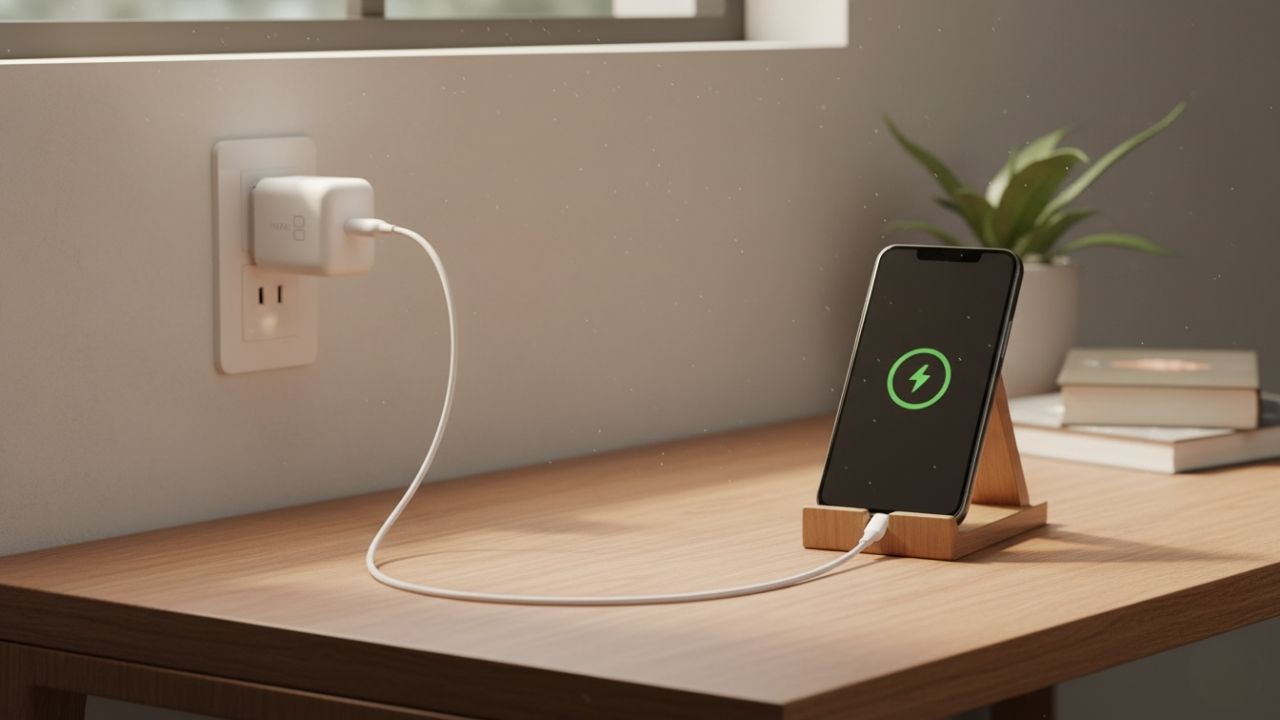 Ambiente de carregamento seguro e organizado com carregador e cabo originais e celular em um suporte.