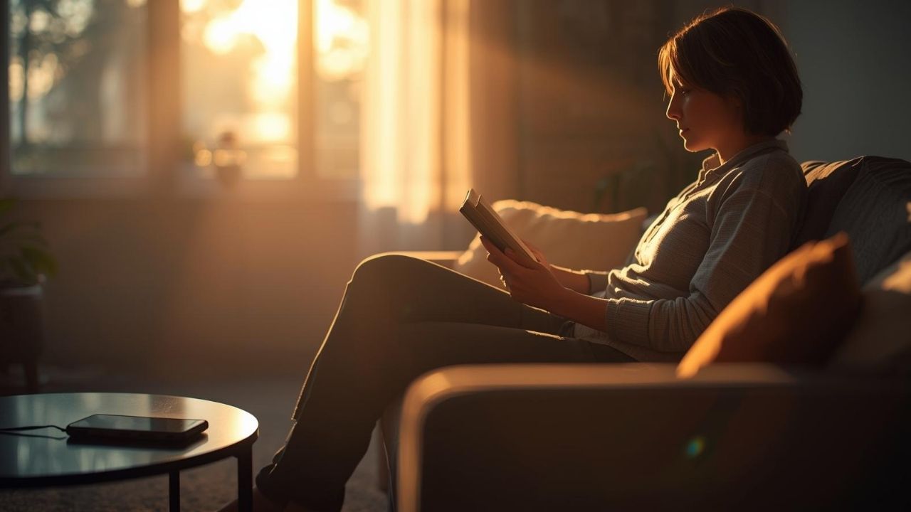 Pessoa relaxada lendo em um sofá, com o celular carregando em segurança e sem uso ao fundo, simbolizando paz de espírito.