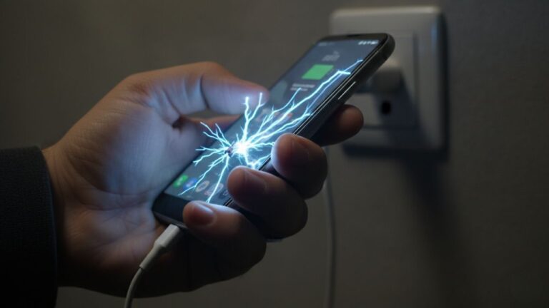 Mão segurando um celular enquanto um cabo de carregador danificado solta faíscas de choque elétrico.