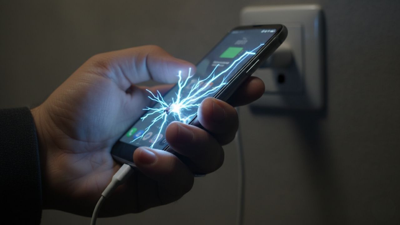 Mão segurando um celular enquanto um cabo de carregador danificado solta faíscas de choque elétrico.