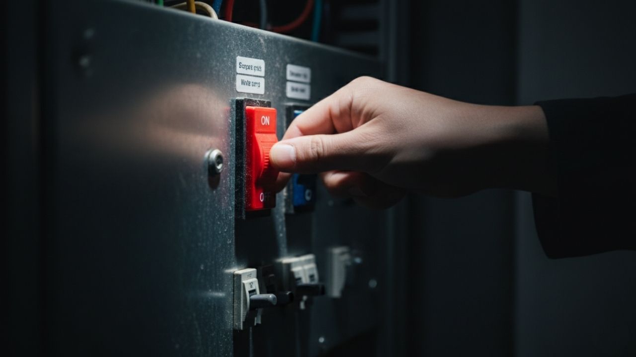 Mão de uma pessoa desligando com urgência o disjuntor principal em um quadro de energia durante uma emergência.