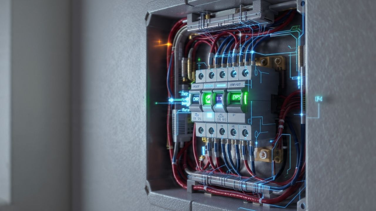 Visão em raio-x de uma parede mostrando os dispositivos de segurança IDR e DPS brilhando para proteger a casa.