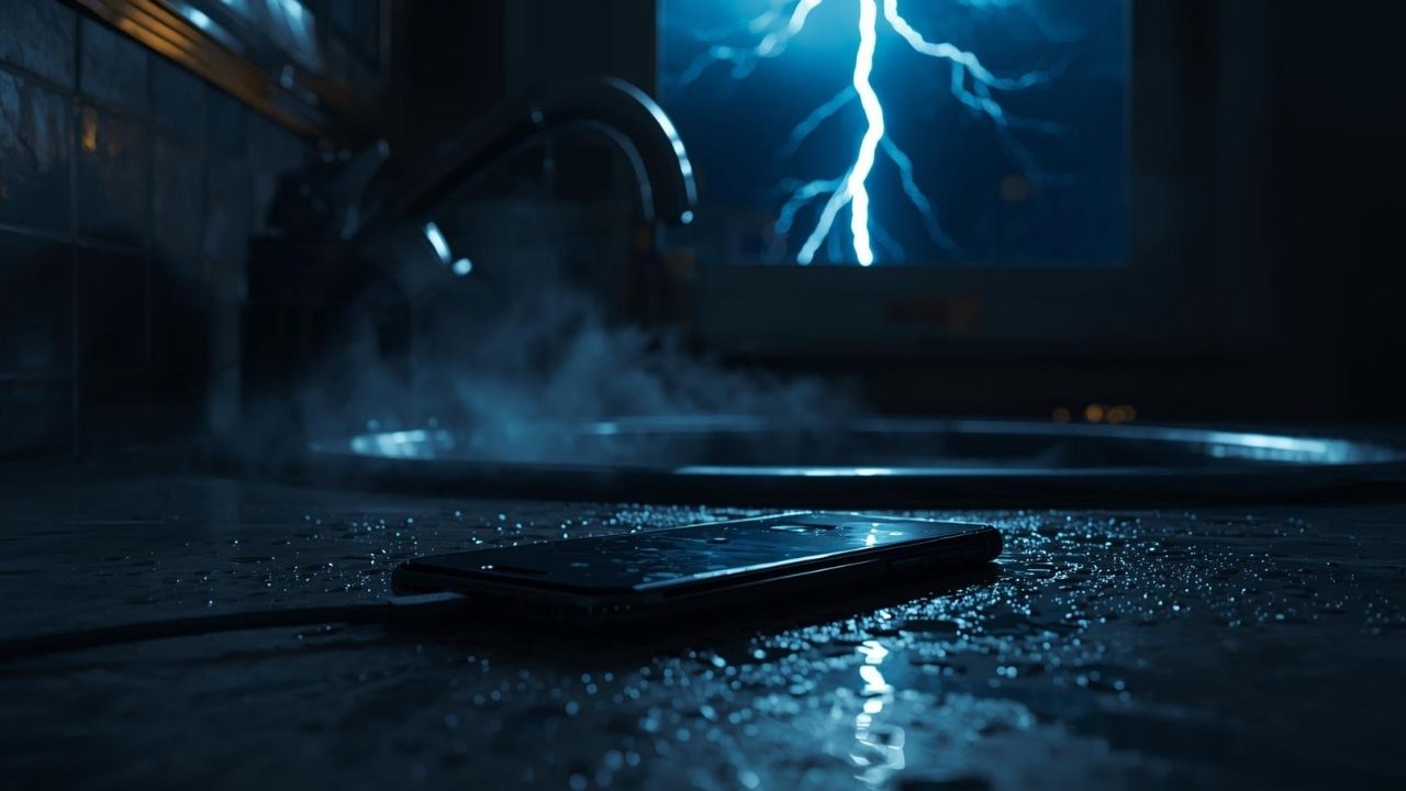 Cena de perigo mostrando um celular carregando perto da água no banheiro durante uma tempestade com raios.