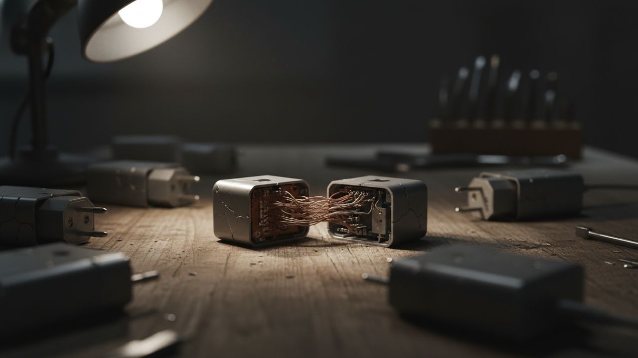 Close-up de um carregador de celular falso e perigoso, desmontado para mostrar seus componentes internos defeituosos.