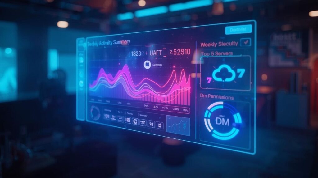 🚨 DISCORD Lança Novos Controles Para Pais; Veja O Que Muda! Um render 3D de um painel holográfico flutuante mostrando o resumo de atividades e os controles da Central da Família do Discord.
