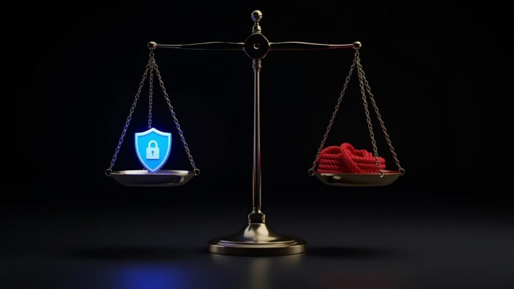 🚨 DISCORD Lança Novos Controles Para Pais; Veja O Que Muda! Uma balança da justiça 3D em perfeito equilíbrio, com um escudo de segurança de um lado e uma corda vermelha (privacidade) do outro.