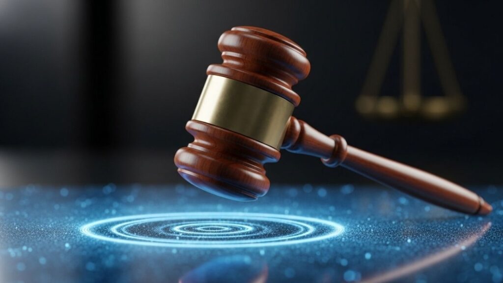 🚨 DISCORD Lança Novos Controles Para Pais; Veja O Que Muda! Um martelo de juiz 3D prestes a bater em uma superfície digital azul, simbolizando a pressão regulatória sobre o Discord.